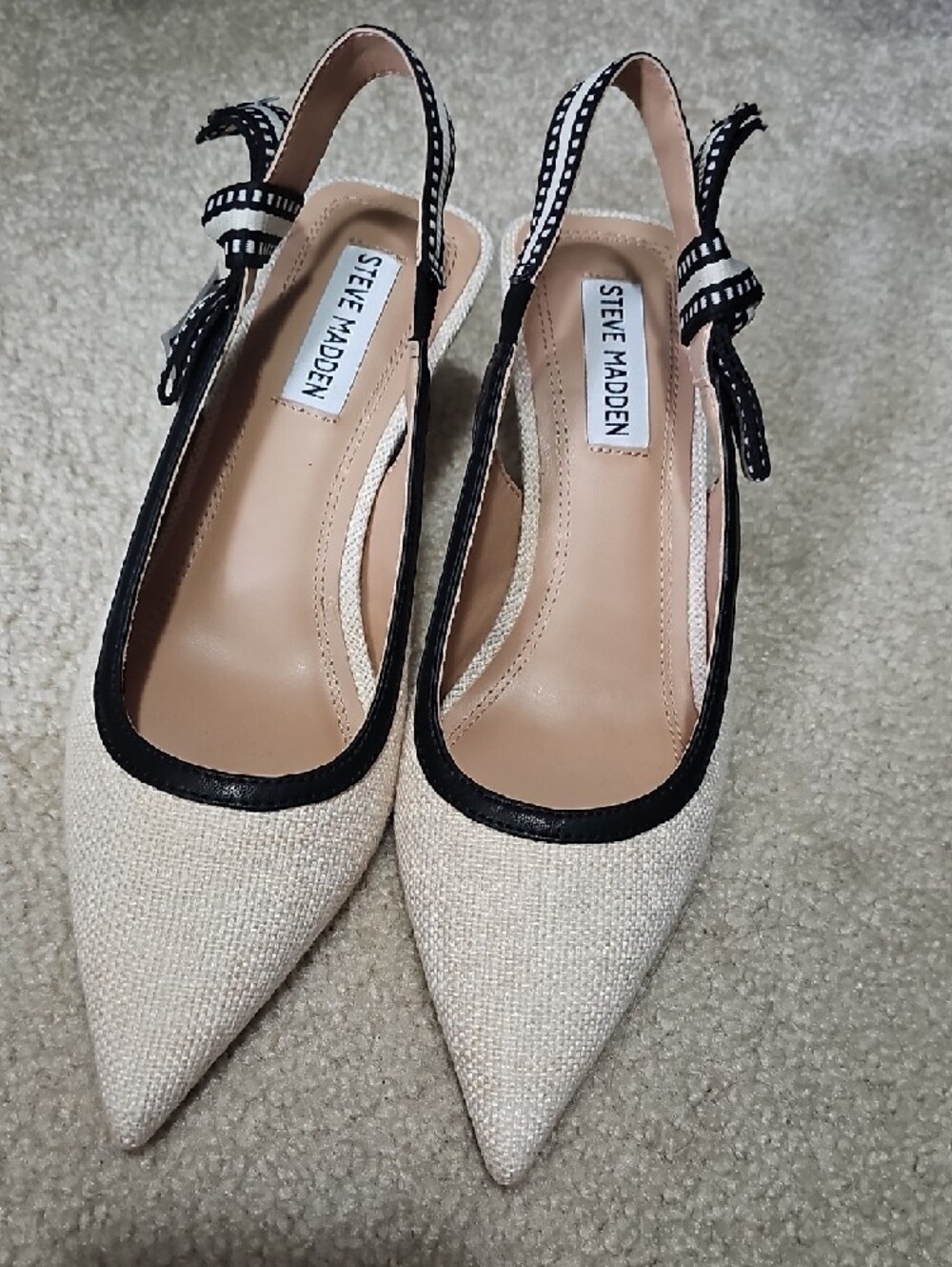 Steve Madden Cream Slingback Pointed Toe Flats with Black Trim - Picture 2 of 5